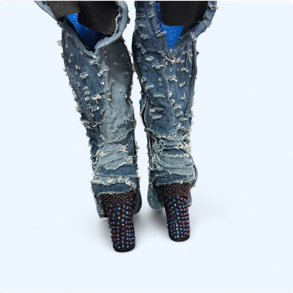 Distressed Levi Denim Thigh High Stiletto Rhinestone Boots Sz 10 Punk Y2K Grunge - Picture 7 of 14